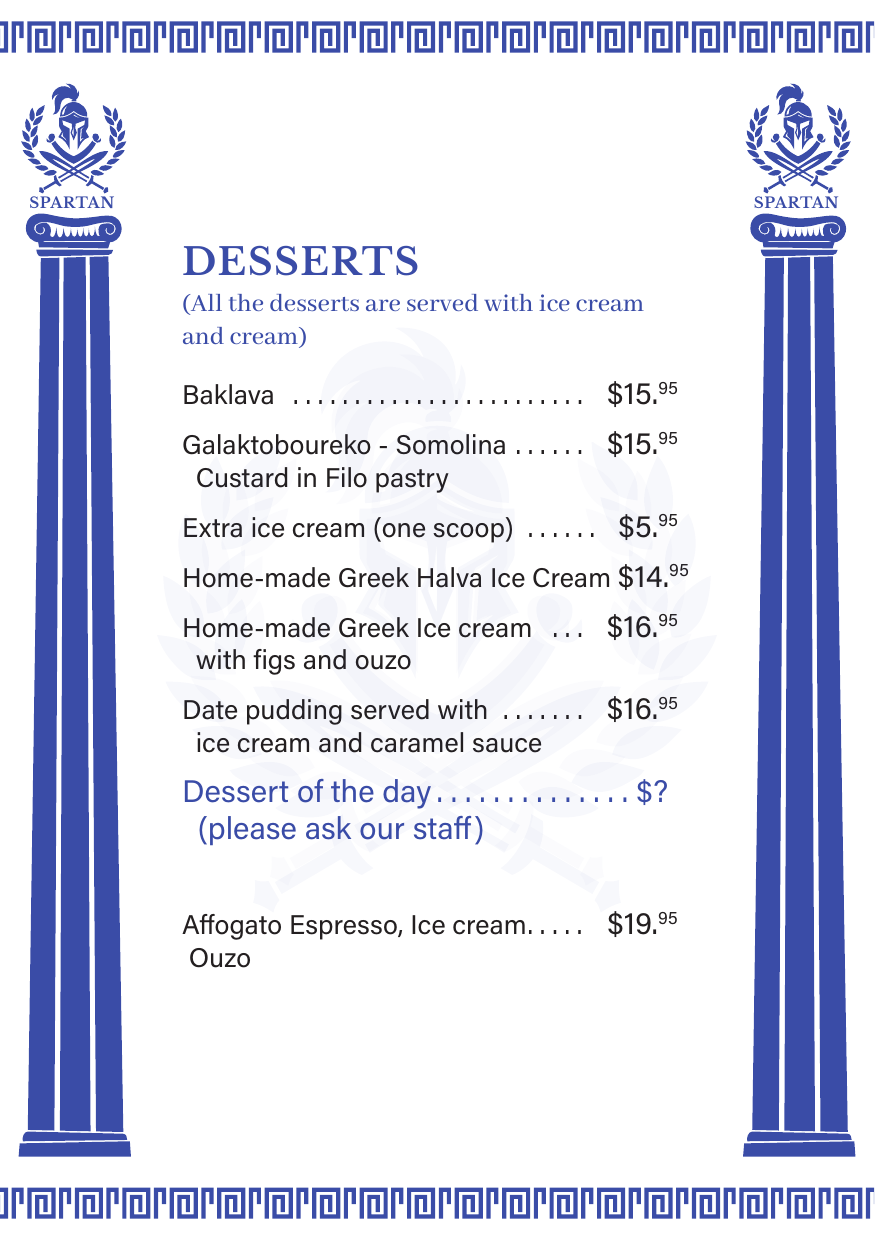 Spartan Greek Restaurant Dessert Menu