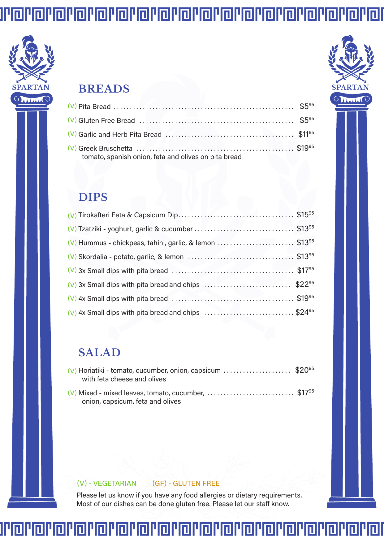 Spartan Greek Restaurant Dinner Menu - Breads, Dips and Salad