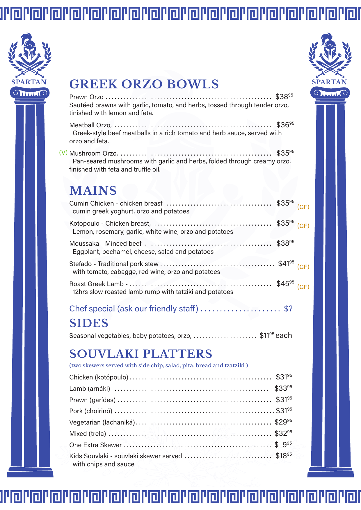 Spartan Greek Restaurant Dinner Menu - Mains and Souvlaki Platters